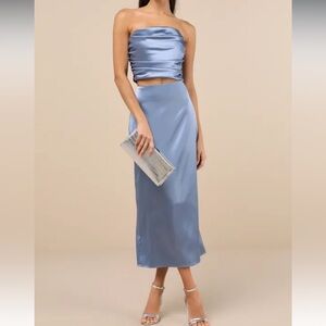 NWT Lulus Demure Sweetie Slate Blue Satin Strapless Two-Piece Midi Dress